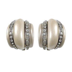 Kenneth Jay Lane Silver Plated Clip Earrings with Pearl Resin and Pave Crystals